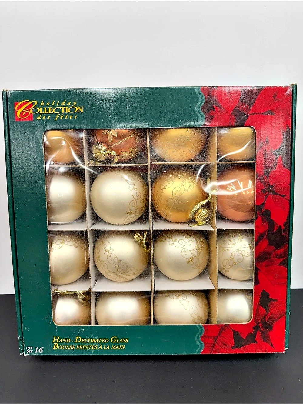 Holiday Collection 16 Hand-Decorated Glass Christmas Ornaments Gold Champagne Co
